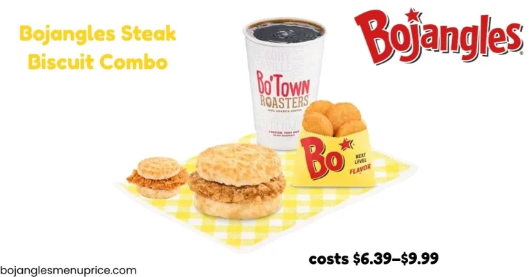 Bojangles Steak Biscuit Combo with seasoned steak biscuit, crispy Bo-Tato Rounds, and hot coffee on a yellow checkered tray
